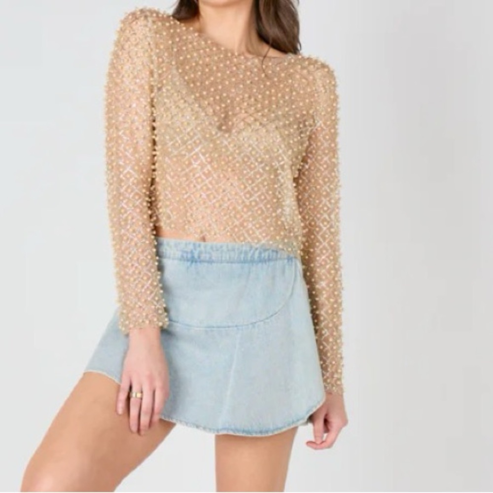 Vestique Strike Gold Long Sleeve Sparkly Embellished Mesh Top - L